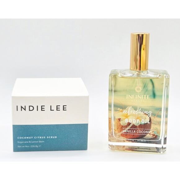 INFINITE BEAUTY Body Oil in Vanilla Coconut W/ INDIE LEE Coconut Body Scrub - Picture 1 of 5
